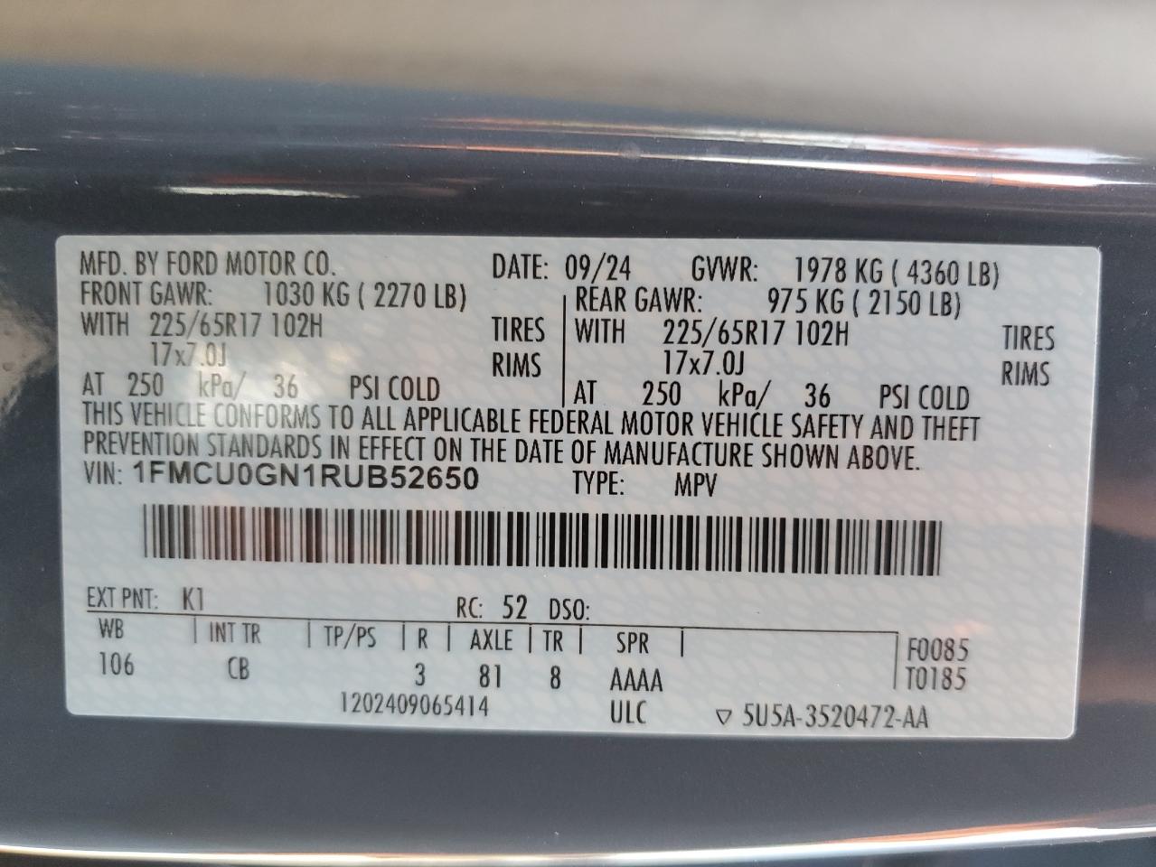 2024 FORD ESCAPE ACTIVE VIN:1FMCU0GN1RUB52650