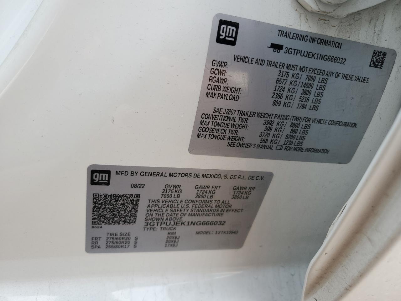 2022 GMC SIERRA K1500 ELEVATION-L VIN:3GTPUJEK1NG666032