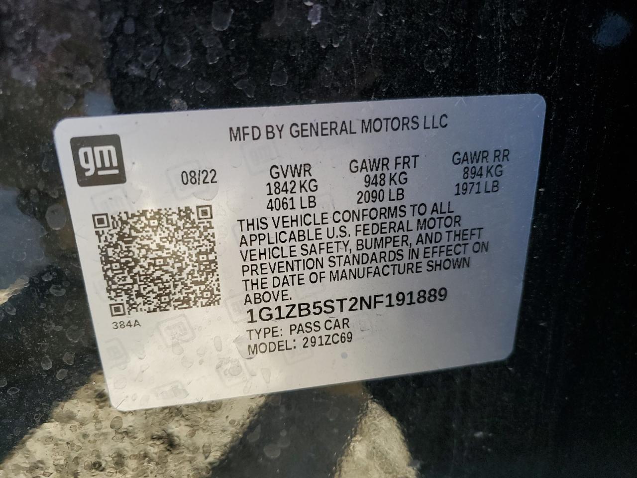 2022 CHEVROLET MALIBU LS VIN:1G1ZB5ST2NF191889