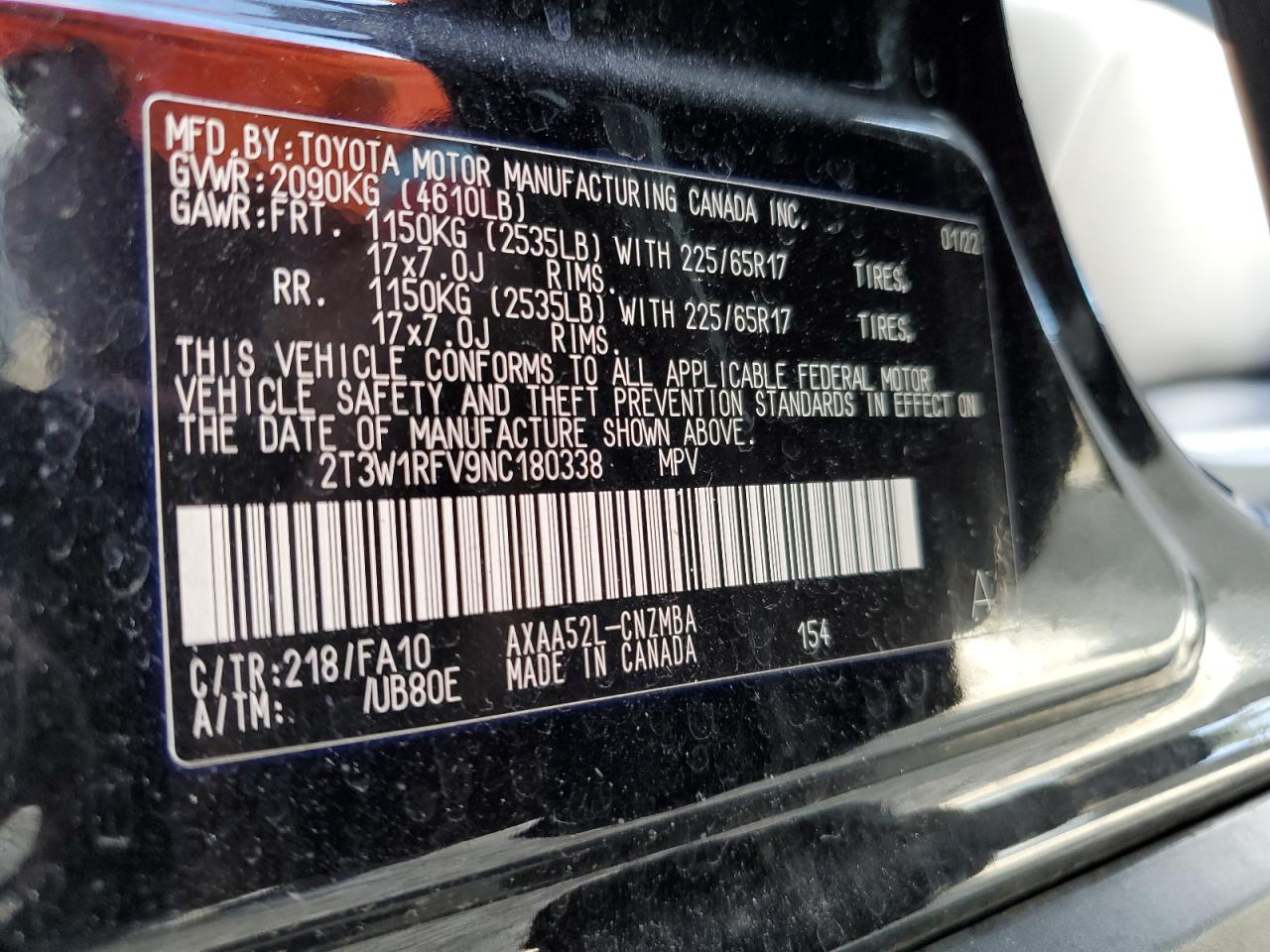 2022 TOYOTA RAV4 XLE VIN:2T3W1RFV9NC180338