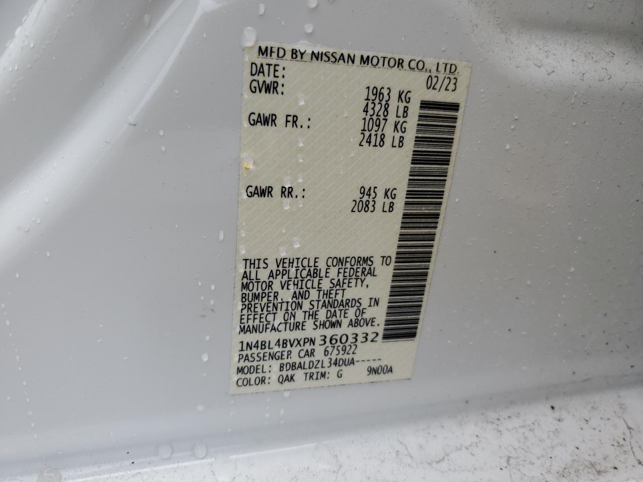 2023 NISSAN ALTIMA S VIN:1N4BL4BVXPN360332