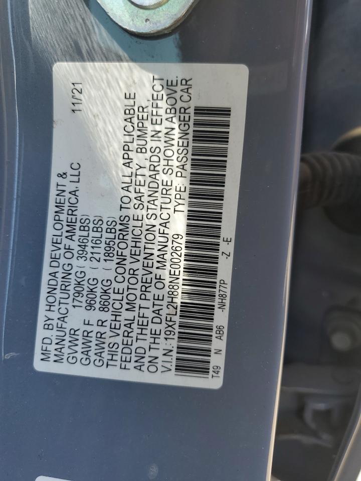 2022 HONDA CIVIC SPORT VIN:19XFL2H88NE002679