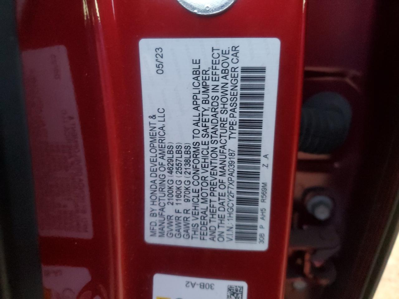 2023 HONDA ACCORD HYBRID SPORT-L VIN:1HGCY2F7XPA039187