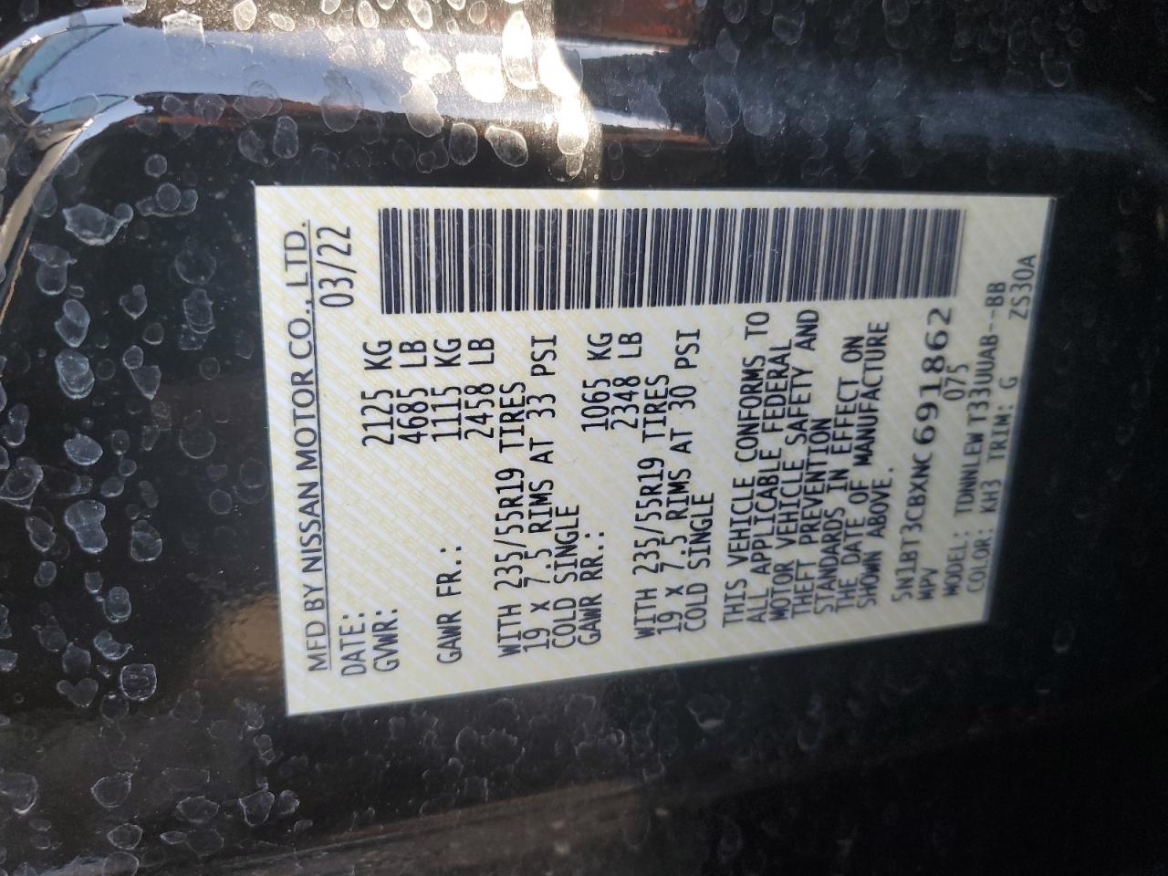 2022 NISSAN ROGUE SL VIN:5N1BT3CBXNC691862