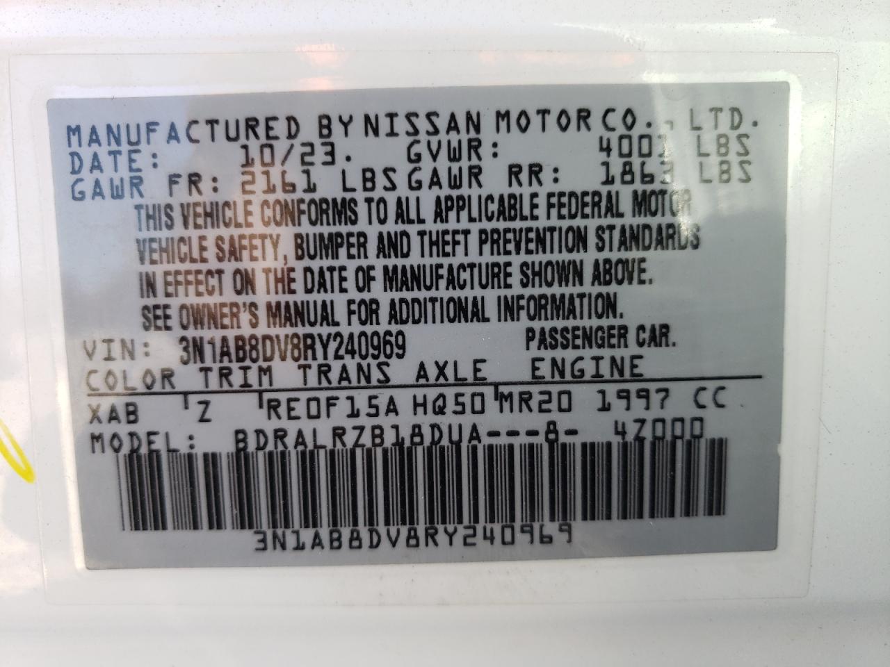 2024 NISSAN SENTRA SR VIN:3N1AB8DV8RY240969