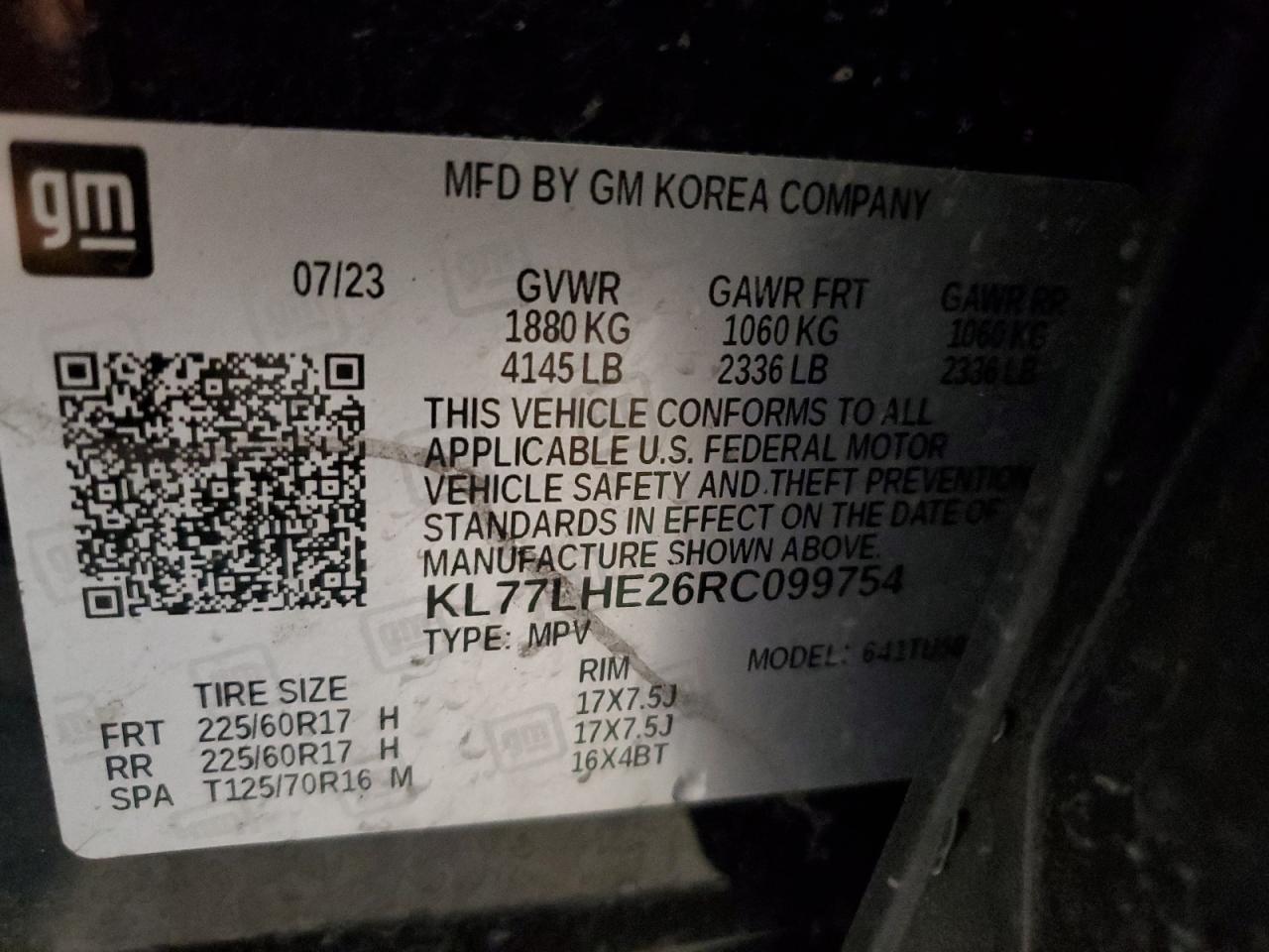 2024 CHEVROLET TRAX 1LT VIN:KL77LHE26RC099754