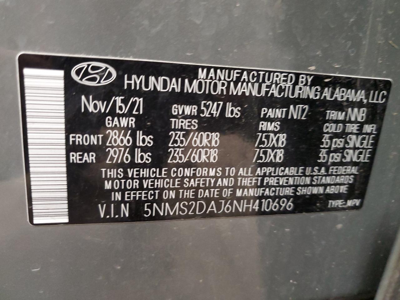 2022 HYUNDAI SANTA FE SEL VIN:5NMS2DAJ6NH410696