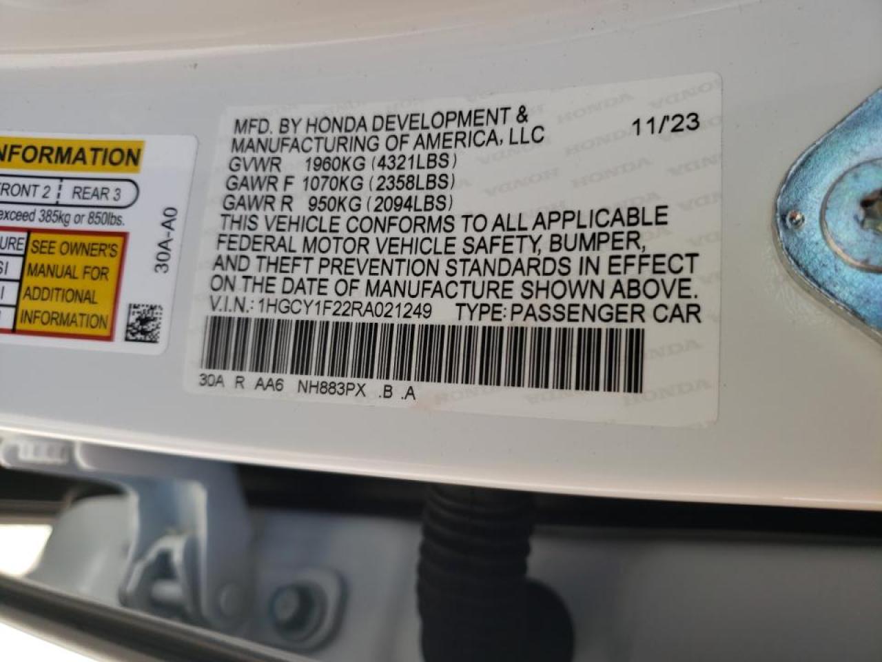 2024 HONDA ACCORD LX VIN:1HGCY1F22RA021249
