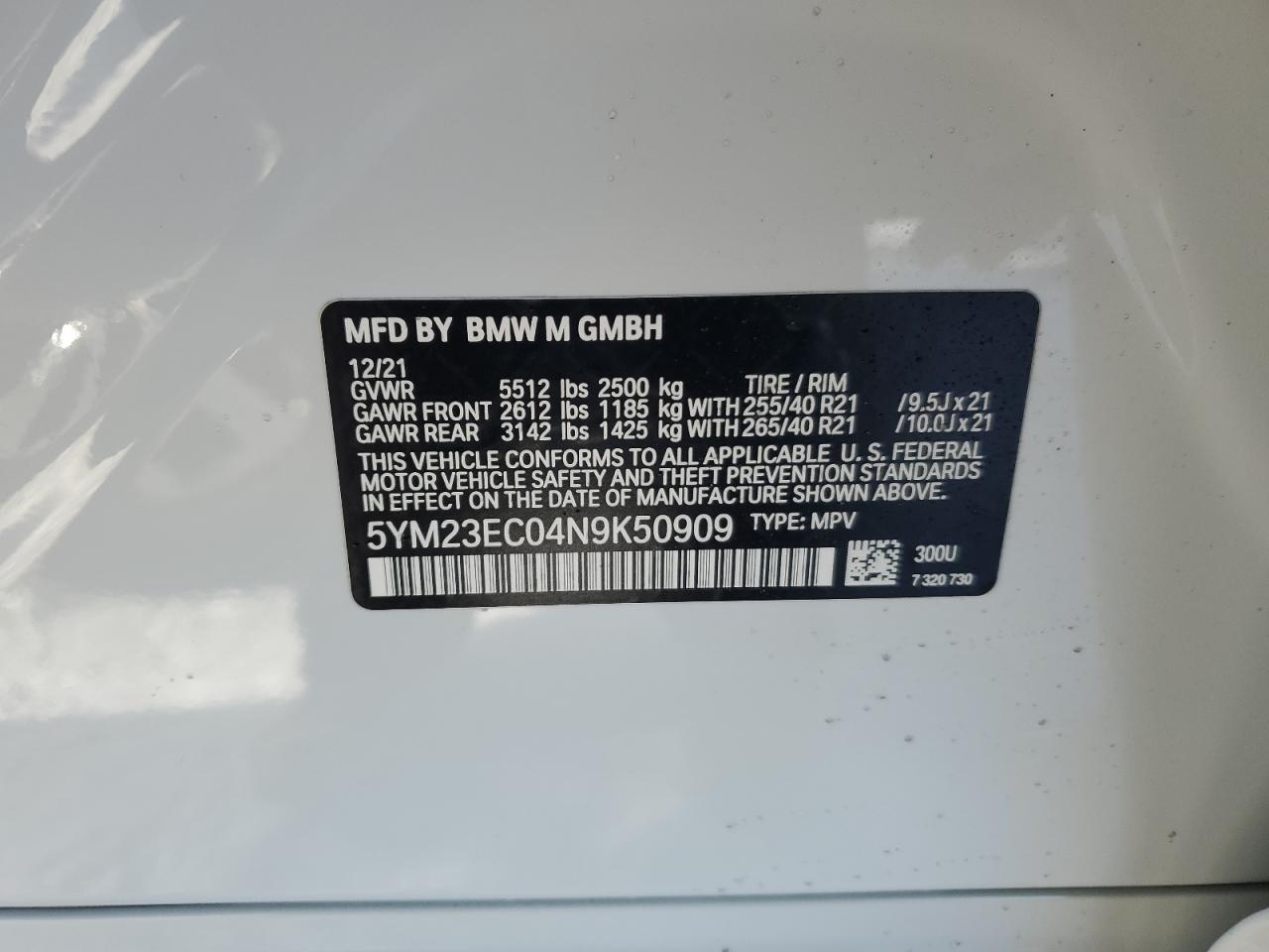 2022 BMW X4 M VIN:5YM23EC04N9K50909