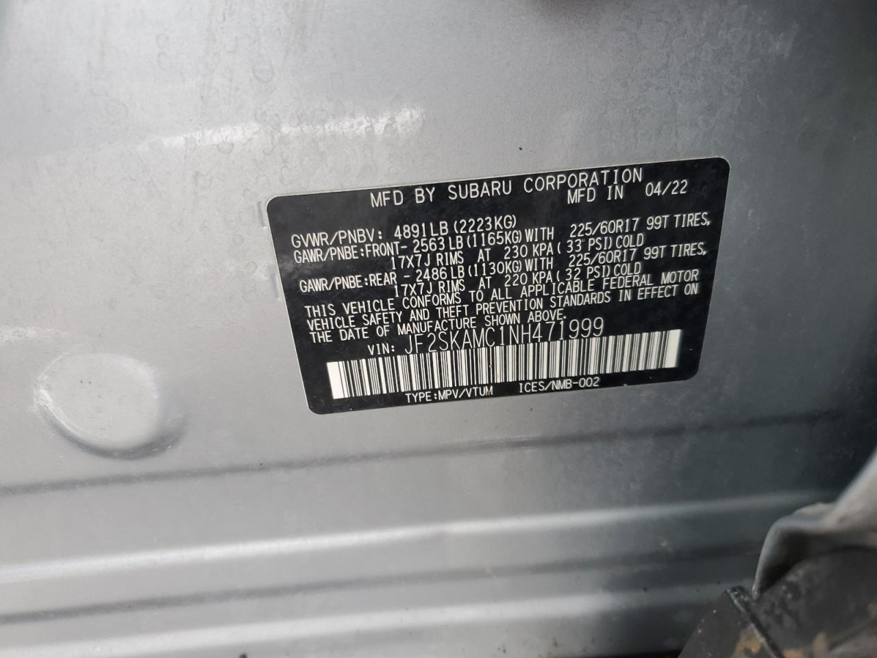 2022 SUBARU FORESTER WILDERNESS VIN:JF2SKAMC1NH471999