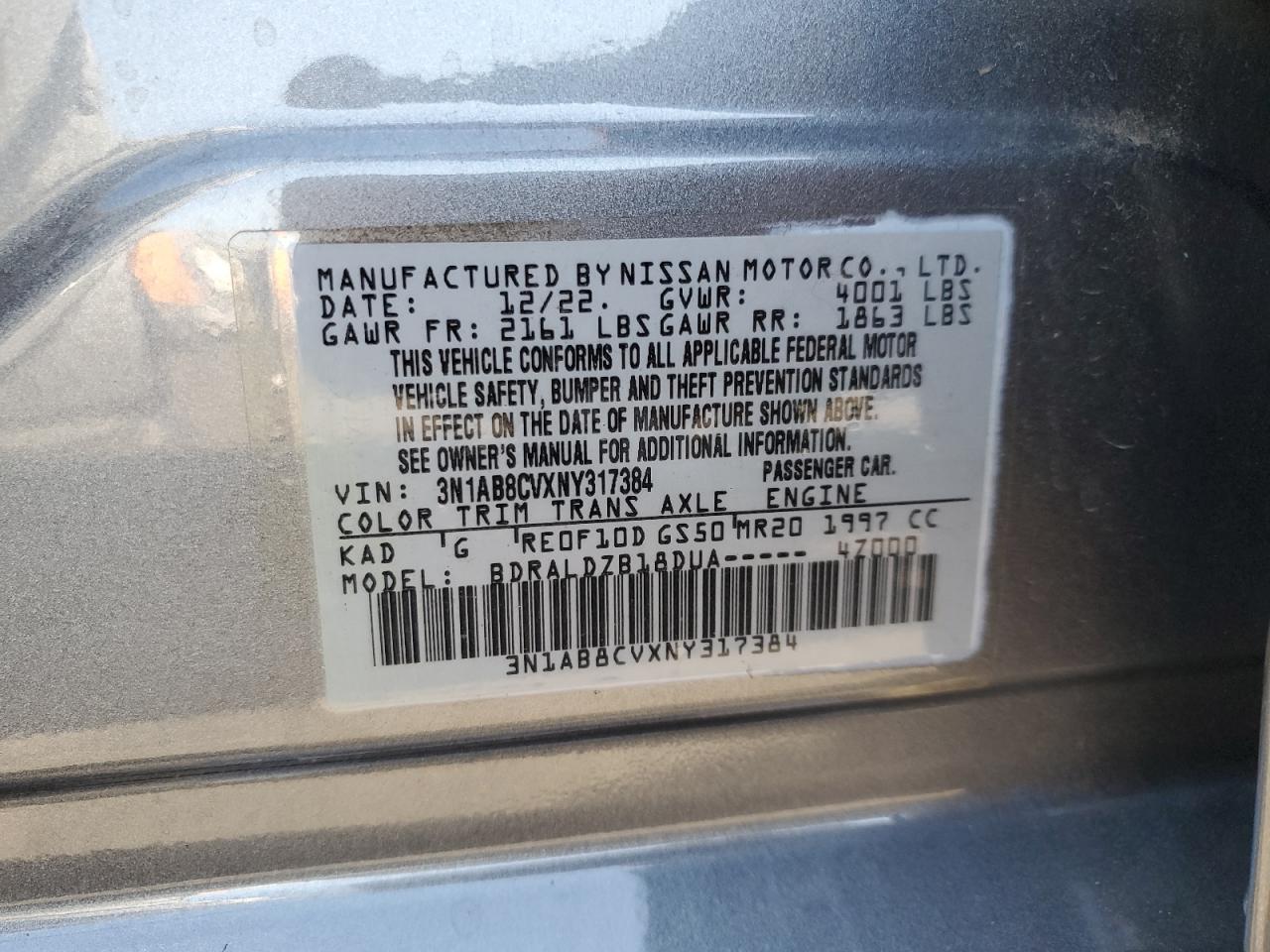 2022 NISSAN SENTRA SV VIN:3N1AB8CVXNY317384