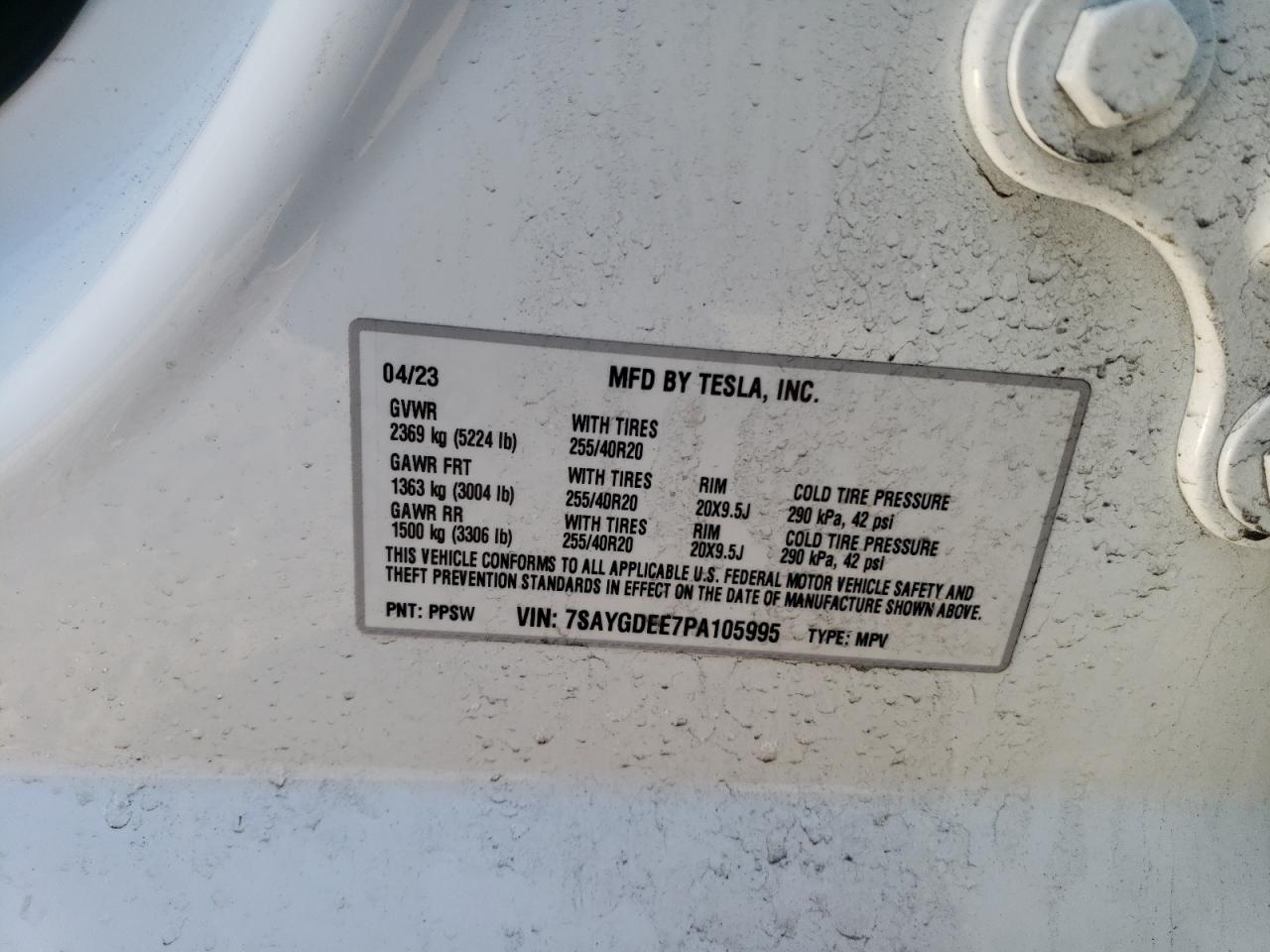 2023 TESLA MODEL Y  VIN:7SAYGDEE7PA105995