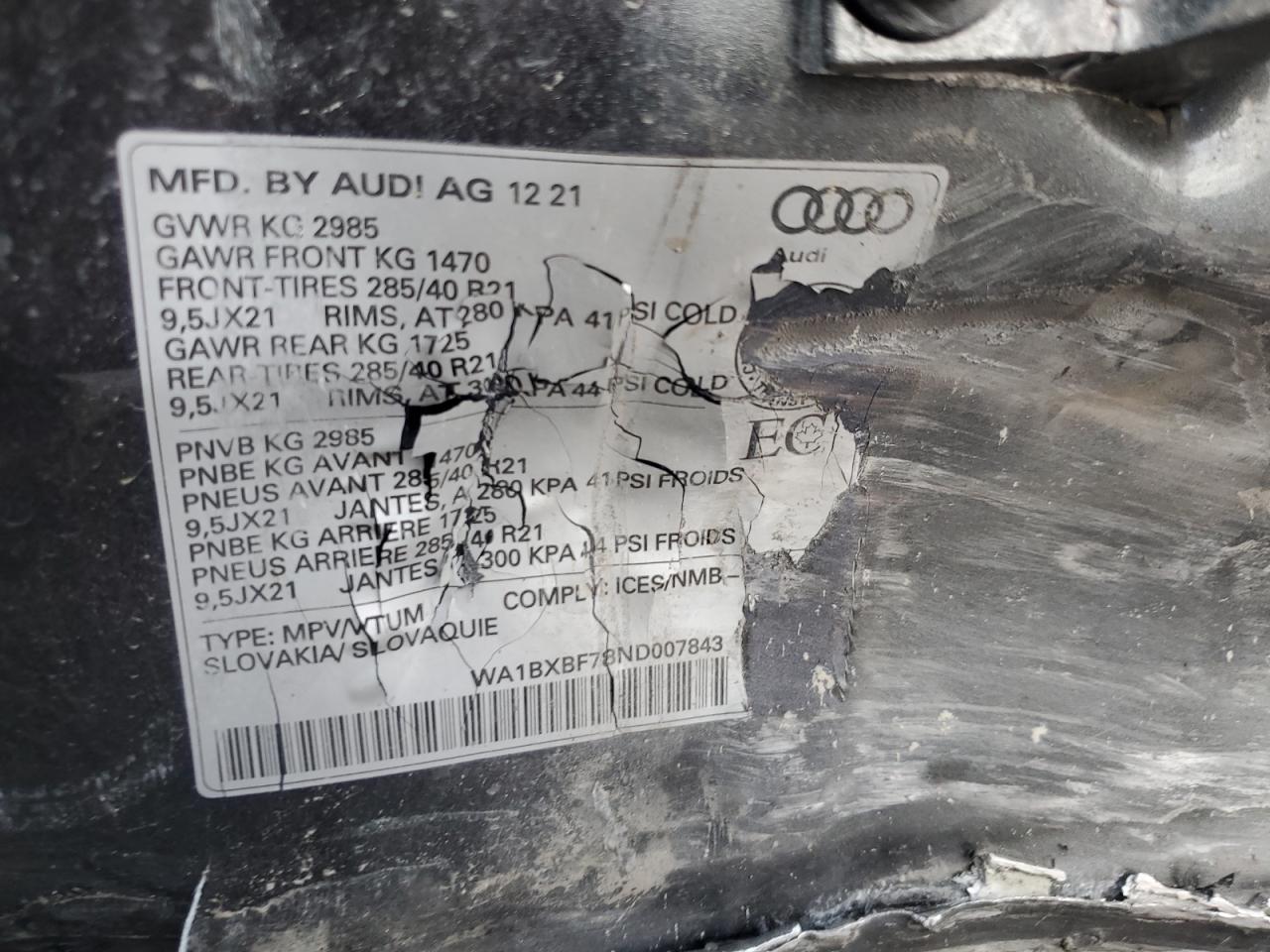2022 AUDI Q7 KOMFORT VIN:WA1BXBF78ND007843