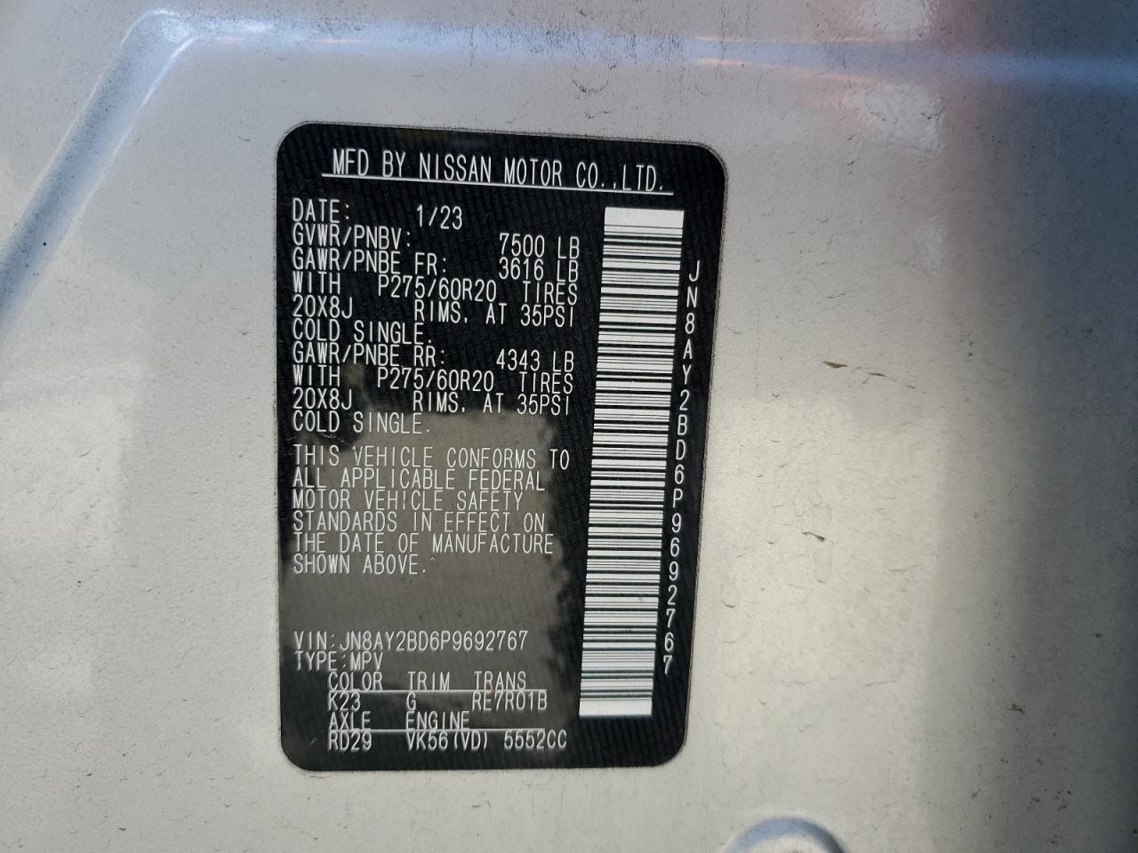 2023 NISSAN ARMADA SL VIN:JN8AY2BD6P9692767