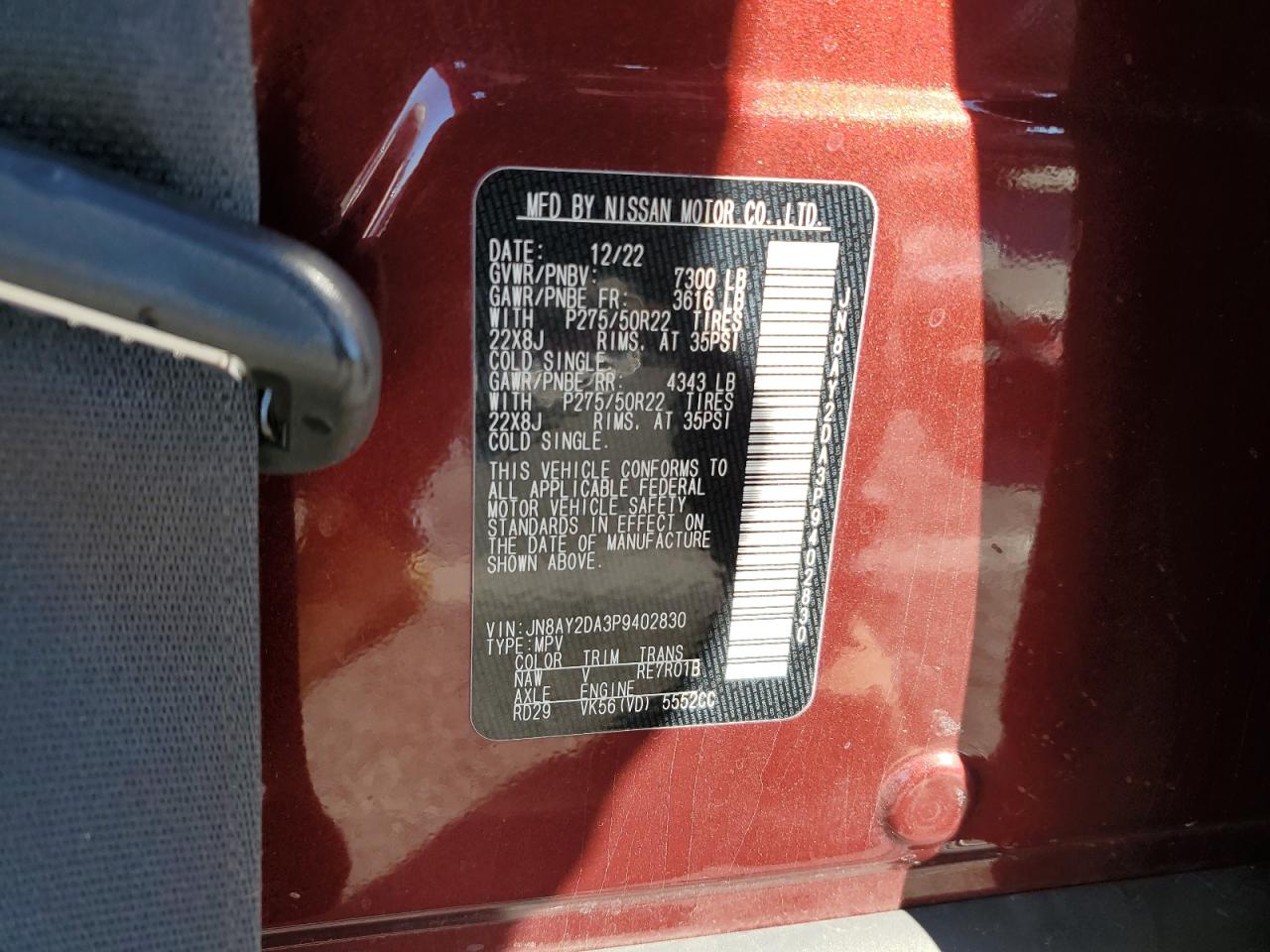 2023 NISSAN ARMADA PLATINUM VIN:JN8AY2DA3P9402830