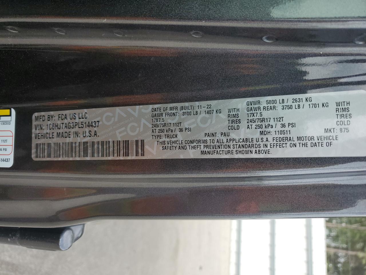 2023 JEEP GLADIATOR SPORT VIN:1C6HJTAG3PL514437