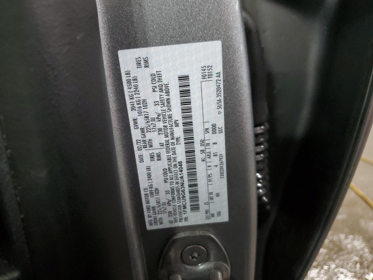 2022 FORD ESCAPE SE VIN:1FMCU9G63NUA14048