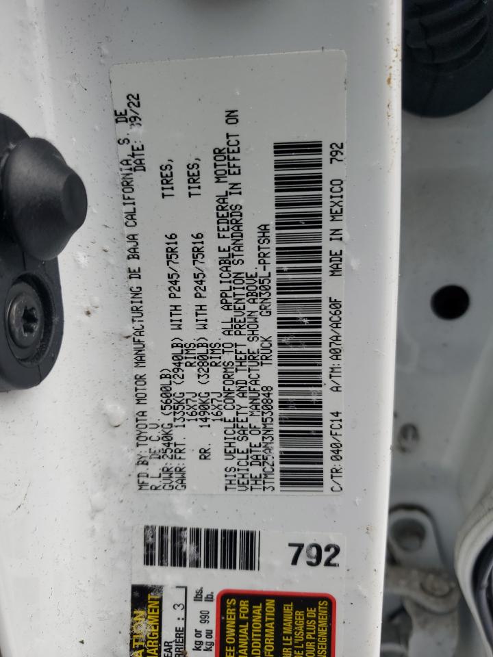 2022 TOYOTA TACOMA DOUBLE CAB VIN:3TMCZ5AN3NM530848