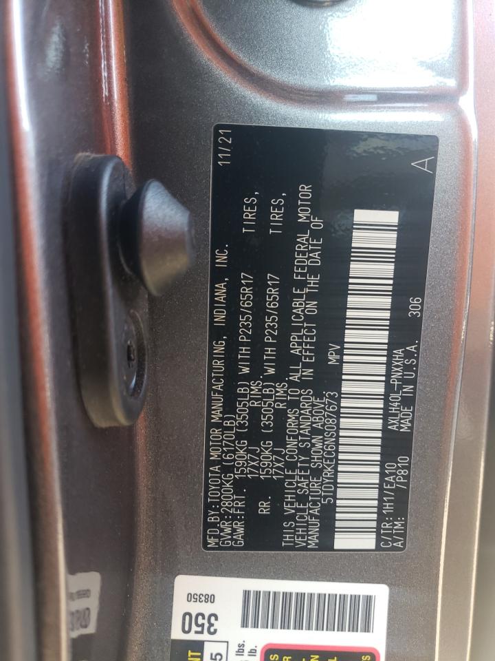 2022 TOYOTA SIENNA XLE VIN:5TDYRKEC6NS087673