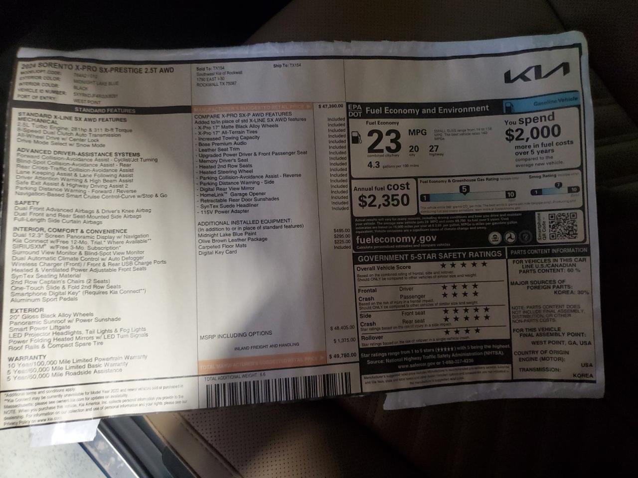 2024 KIA SORENTO SX VIN:5XYRKDJF4RG308291