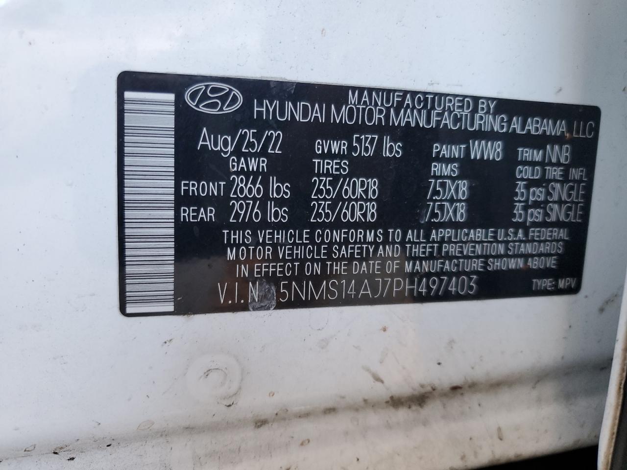 2023 HYUNDAI SANTA FE SE VIN:5NMS14AJ7PH497403