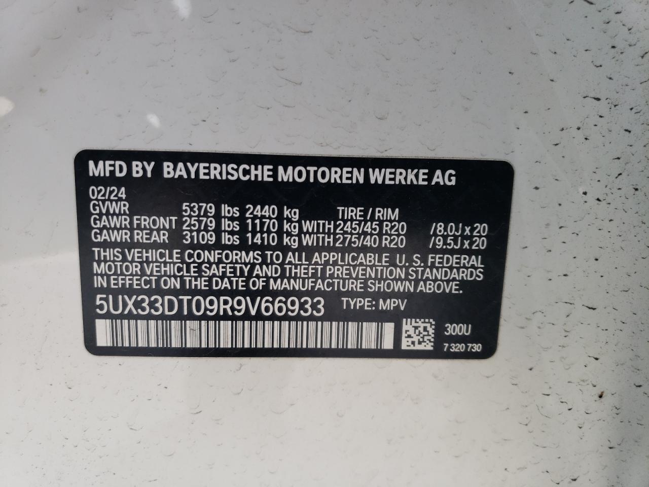 2024 BMW X4 XDRIVE30I VIN:5UX33DT09R9V66933