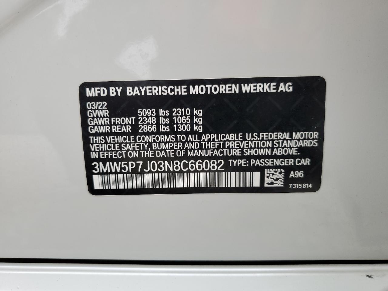 2022 BMW 330E  VIN:3MW5P7J03N8C66082