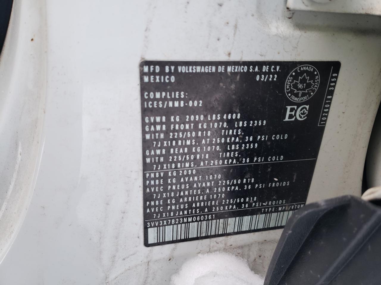 2022 VOLKSWAGEN TAOS HIGHLINE VIN:3VV3X7B23NM060361