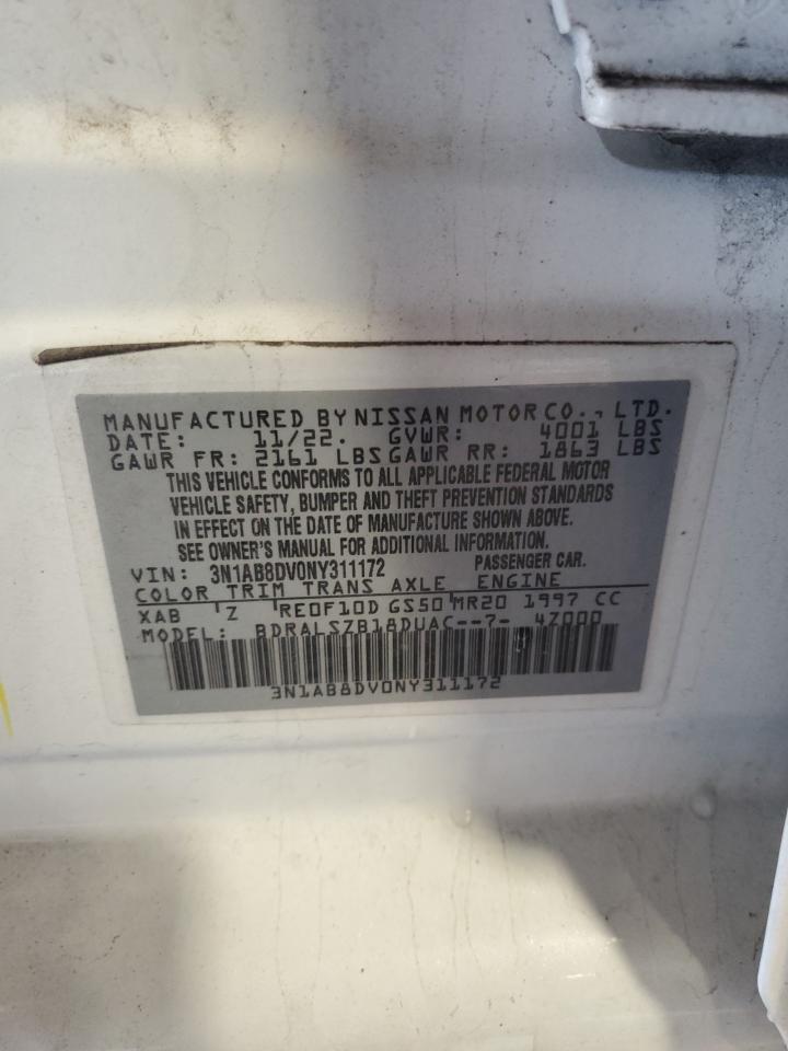 2022 NISSAN SENTRA SR VIN:3N1AB8DV0NY311172