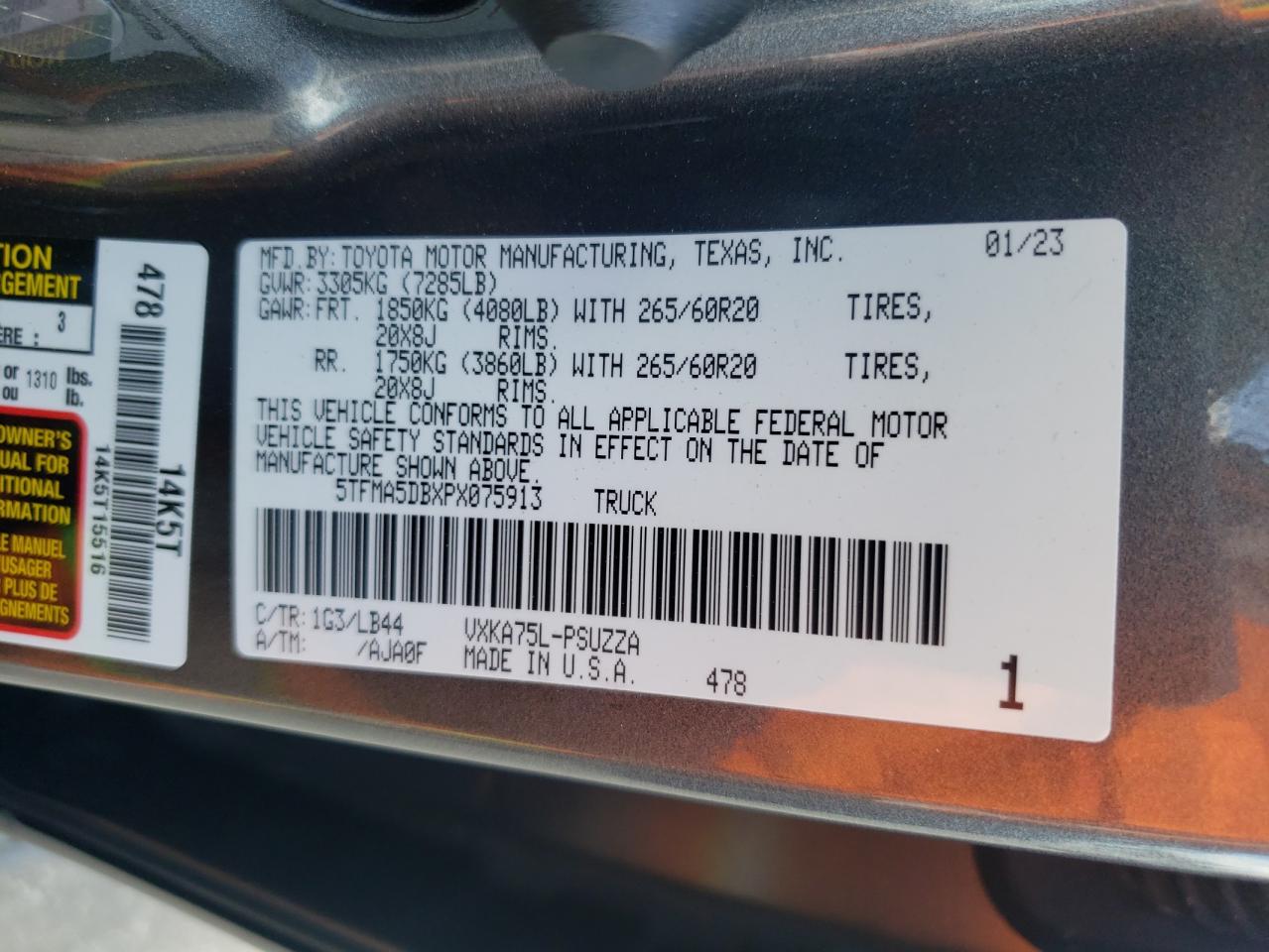 2023 TOYOTA TUNDRA CREWMAX PLATINUM VIN:5TFMA5DBXPX075913