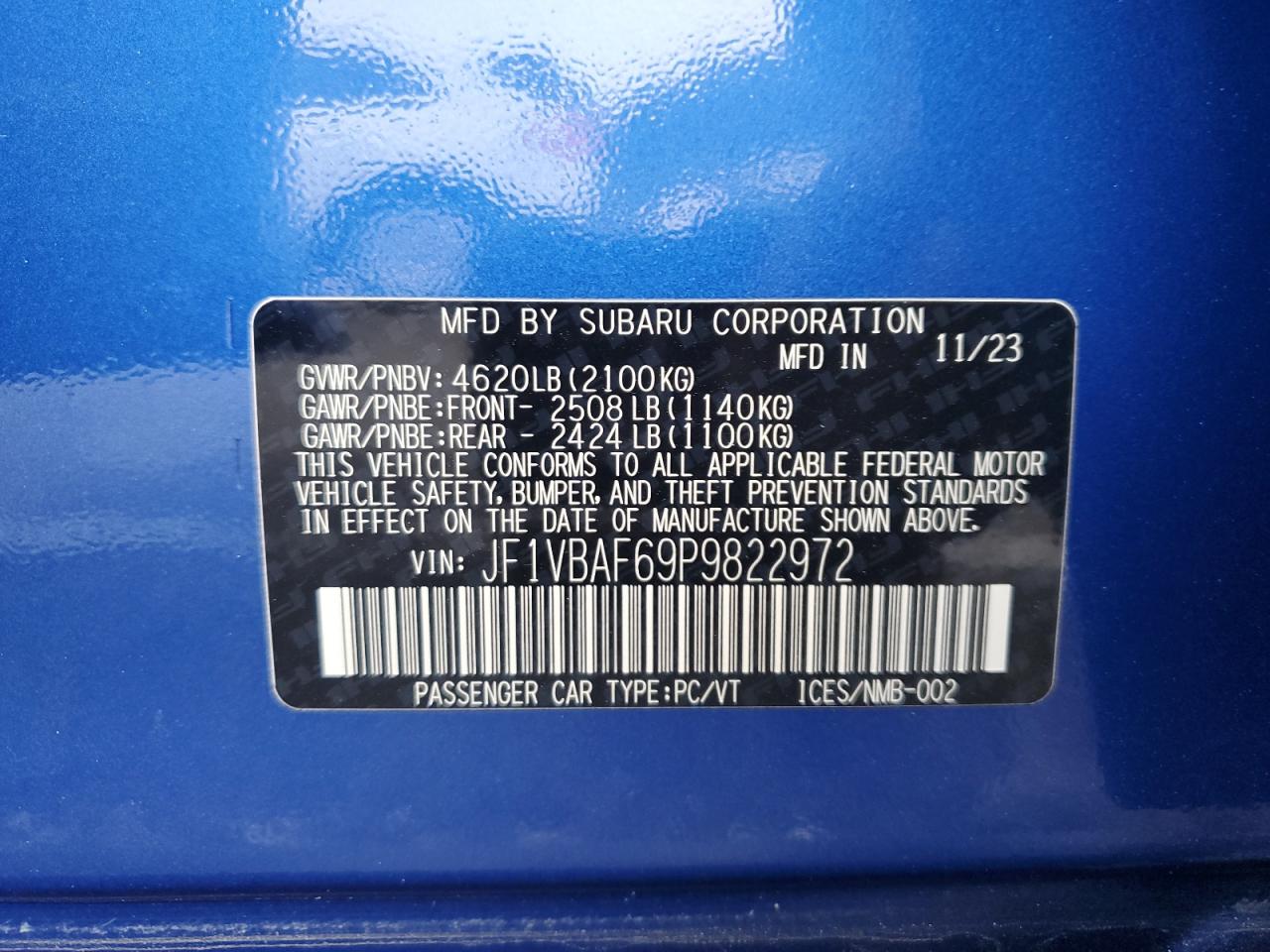 2023 SUBARU WRX PREMIUM VIN:JF1VBAF69P9822972