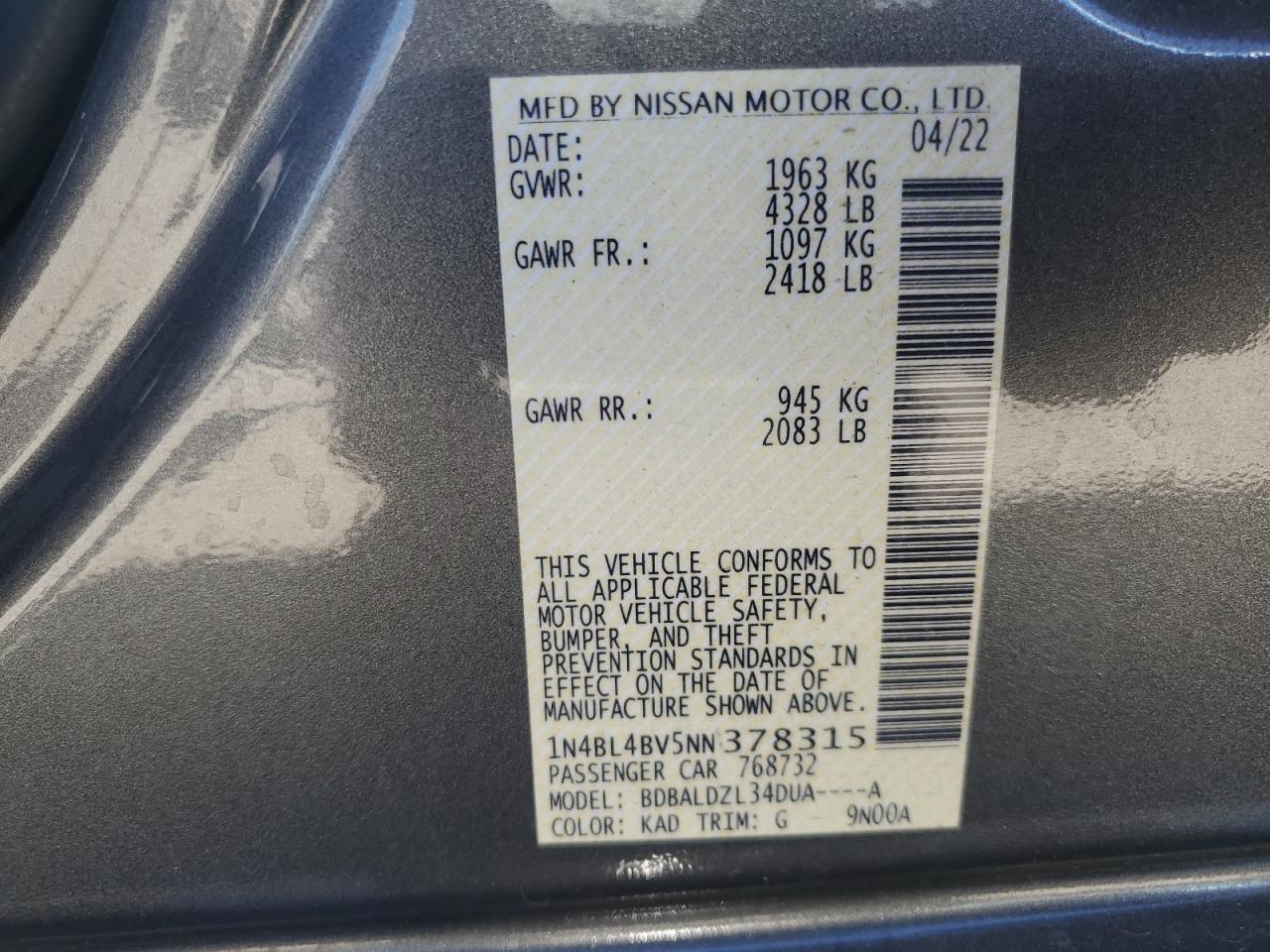 2022 NISSAN ALTIMA S VIN:1N4BL4BV5NN378315