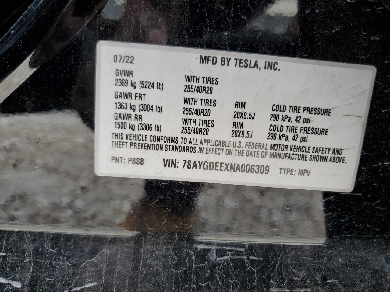 2022 TESLA MODEL Y  VIN:7SAYGDEEXNA006309
