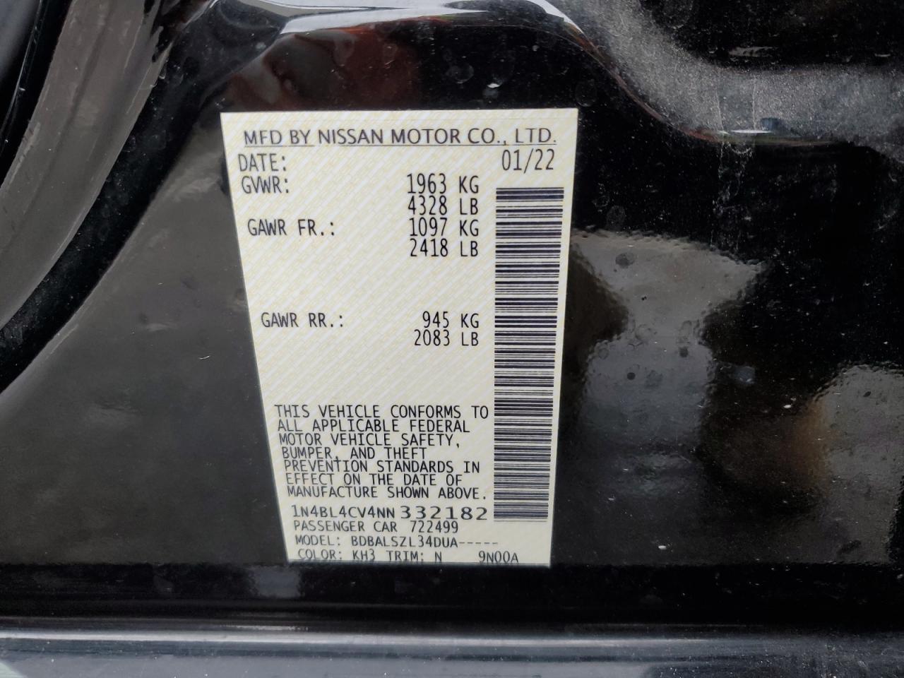 2022 NISSAN ALTIMA SR VIN:1N4BL4CV4NN332182