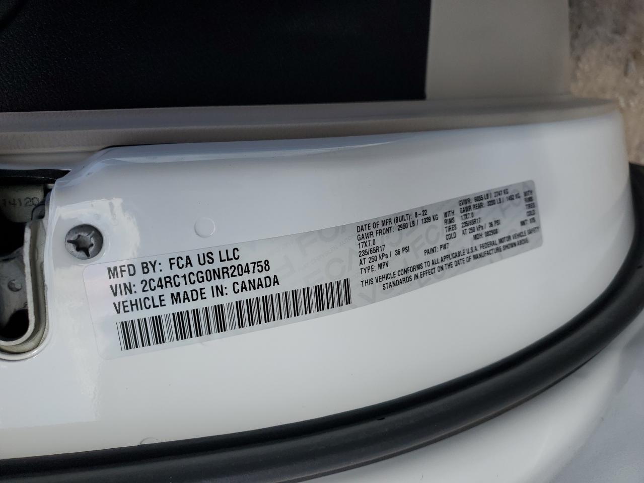 2022 CHRYSLER VOYAGER LX VIN:2C4RC1CG0NR204758