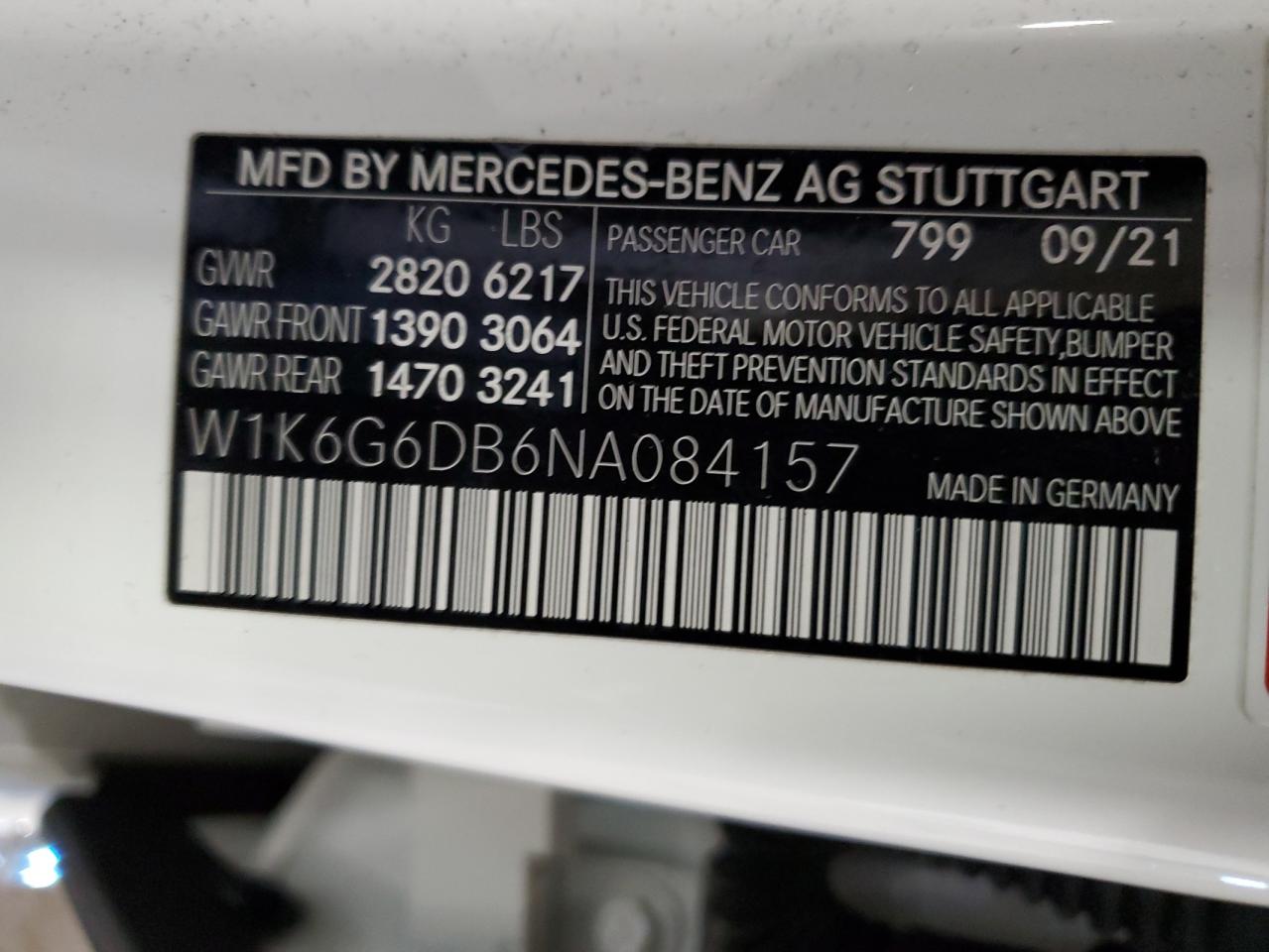 2022 MERCEDES-BENZ S 500 4MATIC VIN:W1K6G6DB6NA084157