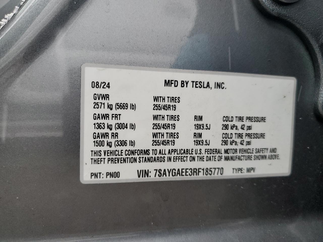 2024 TESLA MODEL Y  VIN:7SAYGAEE3RF185770