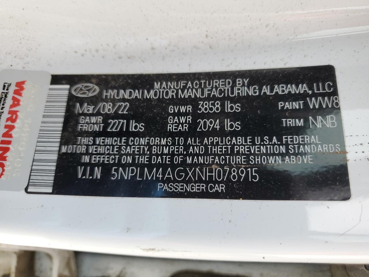 2022 HYUNDAI ELANTRA SEL VIN:5NPLM4AGXNH078915