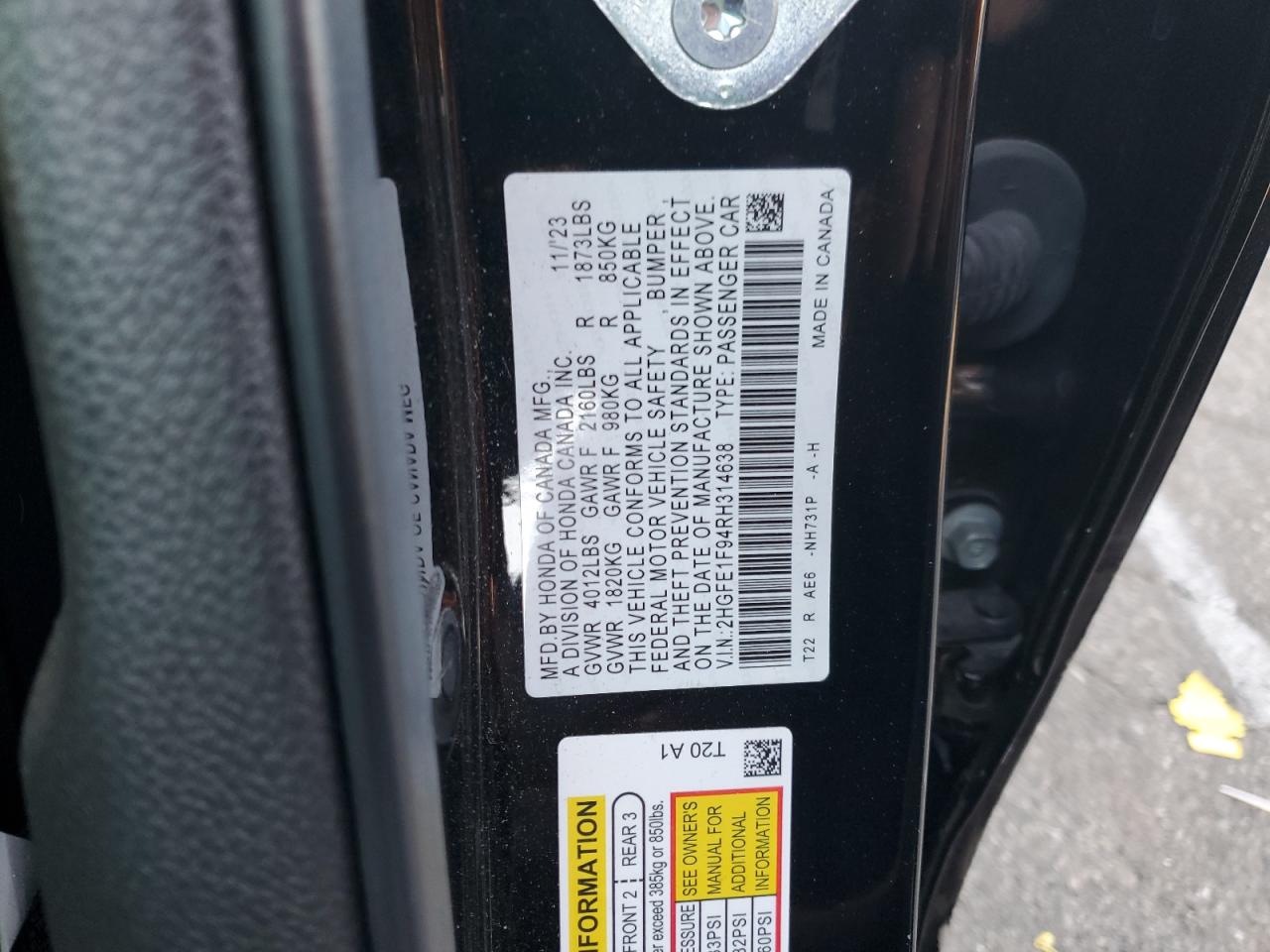 2024 HONDA CIVIC TOURING VIN:2HGFE1F94RH314638