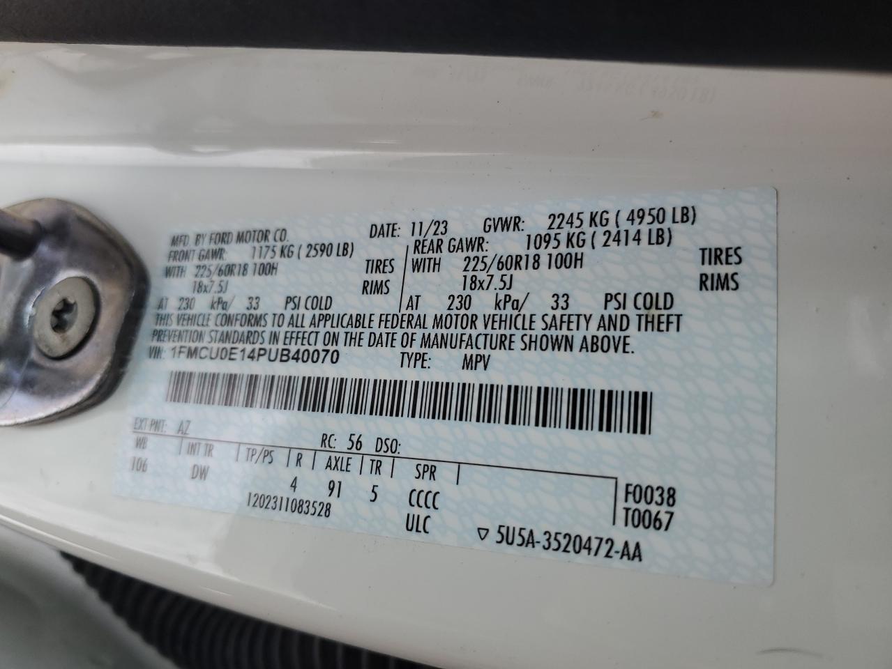 2023 FORD ESCAPE  VIN:1FMCU0E14PUB40070