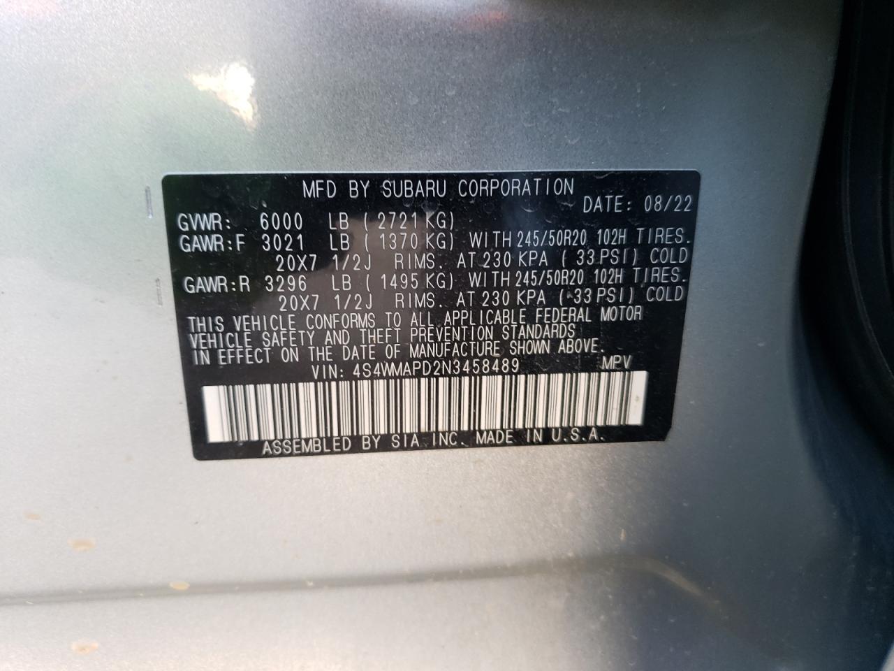 2022 SUBARU ASCENT LIMITED VIN:4S4WMAPD2N3458489