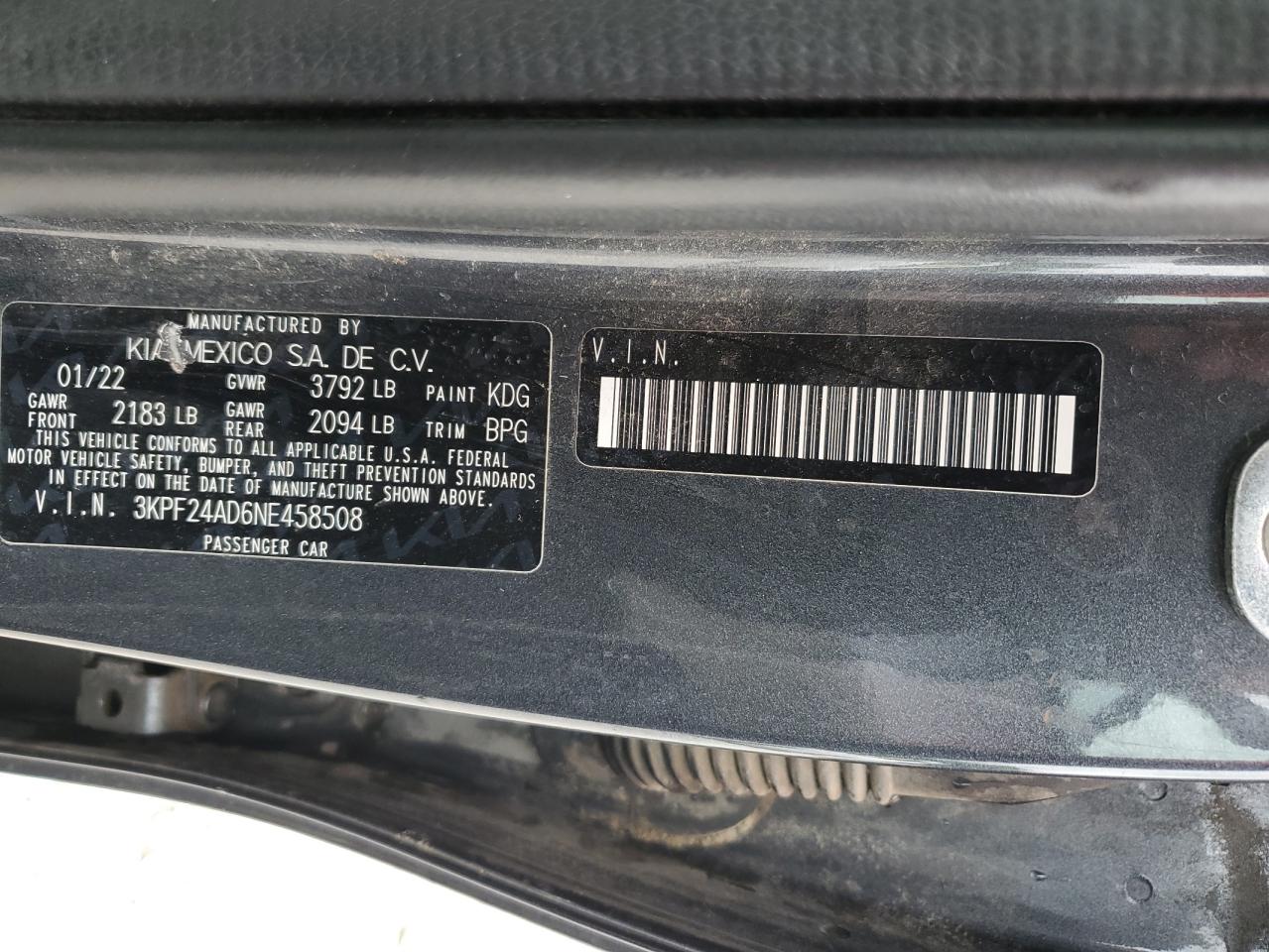 2022 KIA FORTE FE VIN:3KPF24AD6NE458508