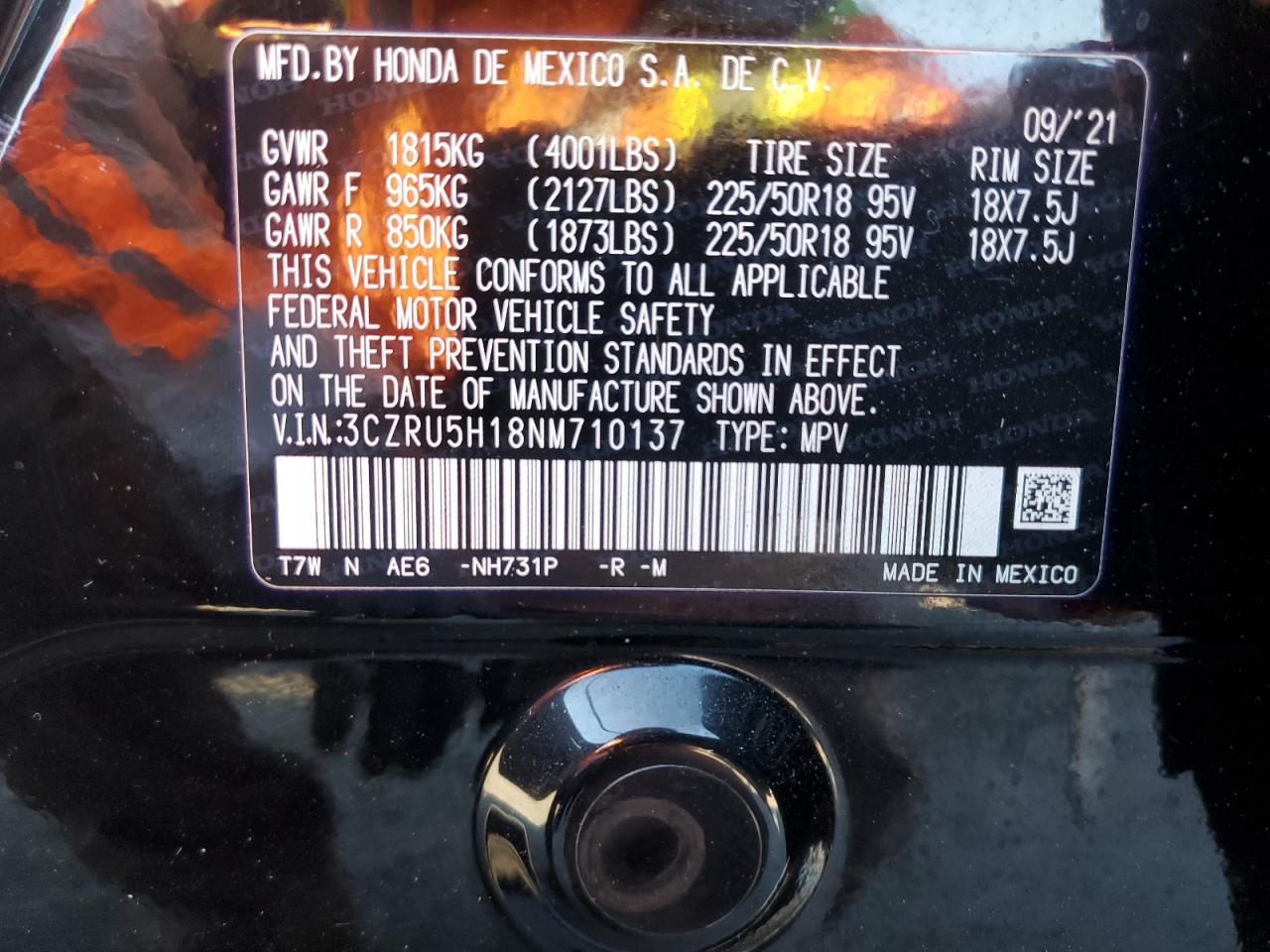 2022 HONDA HR-V SPORT VIN:3CZRU5H18NM710137