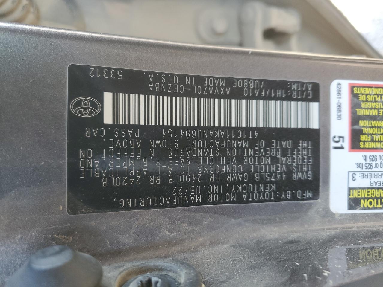 2022 TOYOTA CAMRY LE VIN:4T1C11AK4NU694154