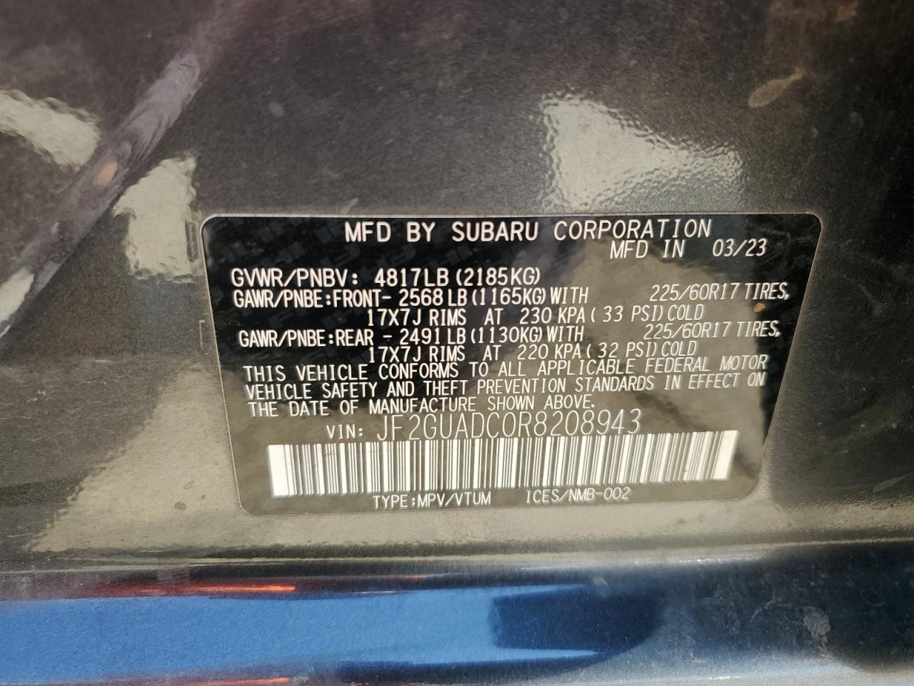 2024 SUBARU CROSSTREK PREMIUM VIN:JF2GUADC0R8208943