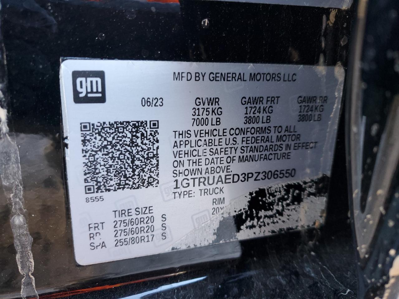 2023 GMC SIERRA K1500 VIN:1GTRUAED3PZ306550
