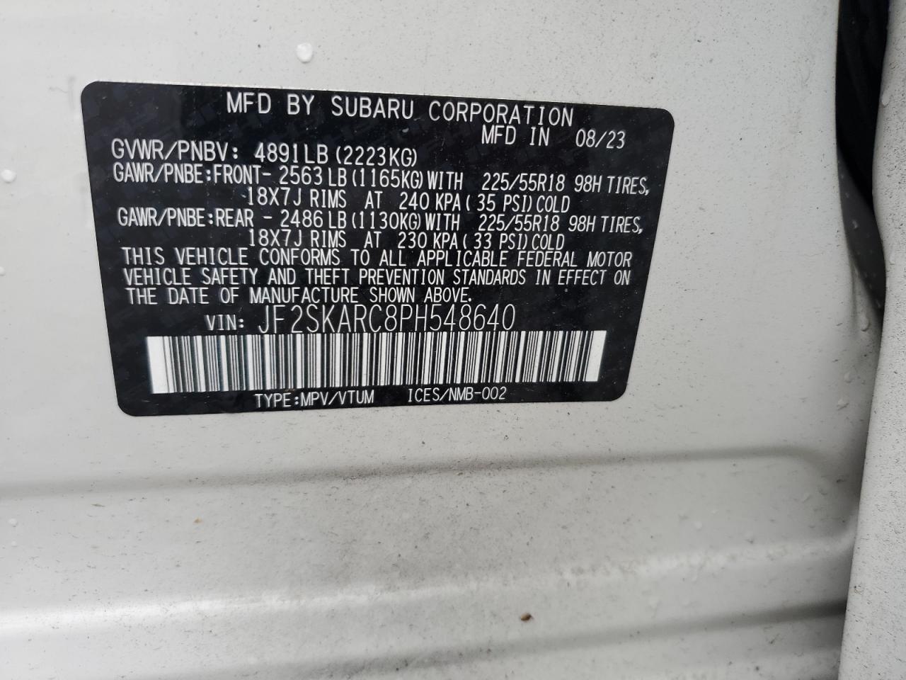 2023 SUBARU FORESTER TOURING VIN:JF2SKARC8PH548640