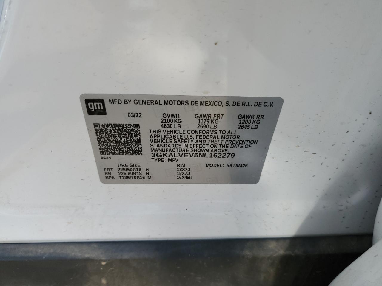 2022 GMC TERRAIN SLT VIN:3GKALVEV5NL162279