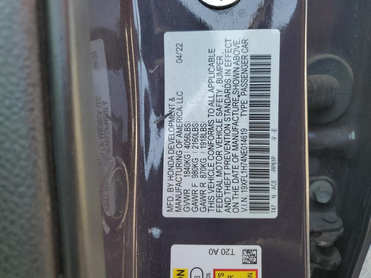 2022 HONDA CIVIC EXL VIN:19XFL1H74NE014619
