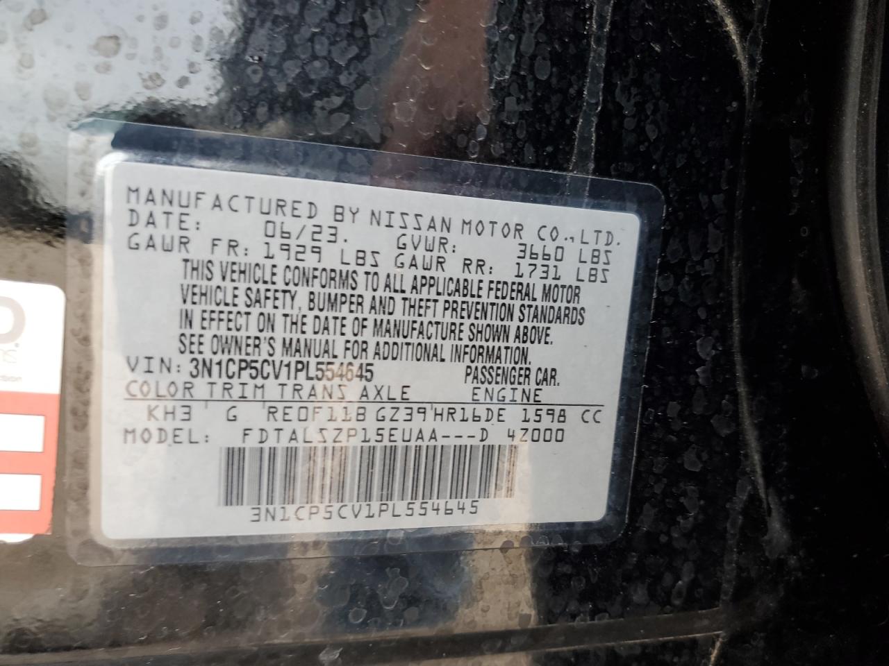 2023 NISSAN KICKS SV VIN:3N1CP5CV1PL554645